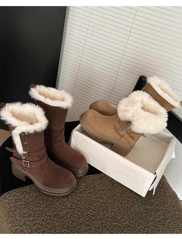 Boot nữ denim đế dày cổ trung lót lông giữ ấm, hai kiểu phối — màu nâu chi tiết 21