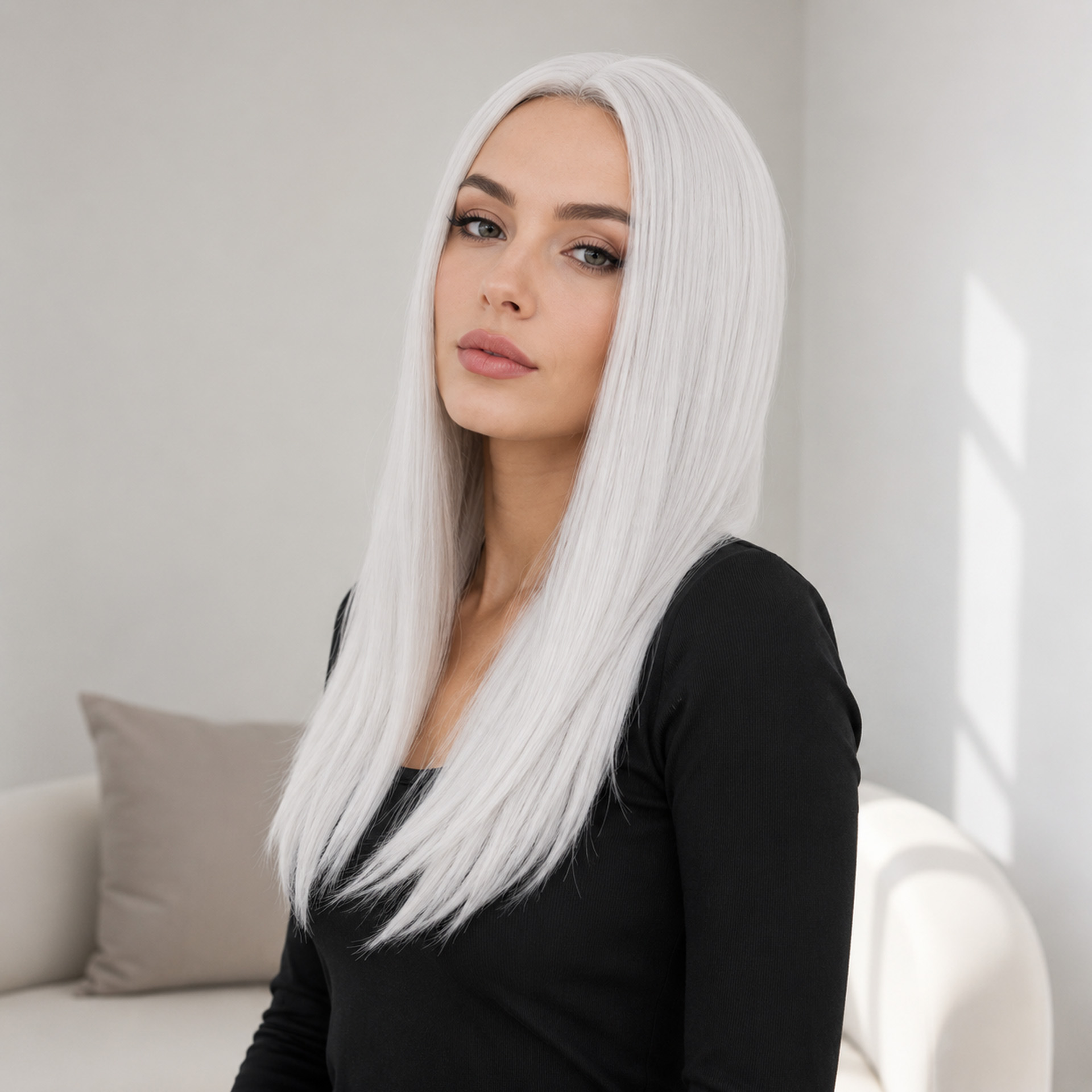 Popular European and American wig for women, Halloween white middle-parted long straight synthetic fiber wig for costume dress-up