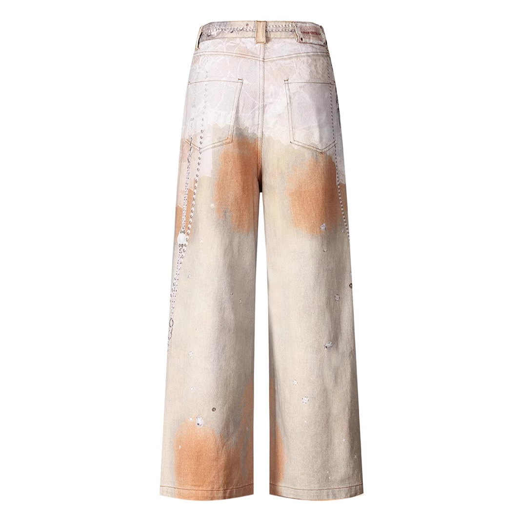 "Orangefarbene Jeans mit Vintage-Kettenprint für Damen – Dopamine Dressing – Weite Jeanshose mit 3D-Prägung und Retro-Vibe"_voghion.com