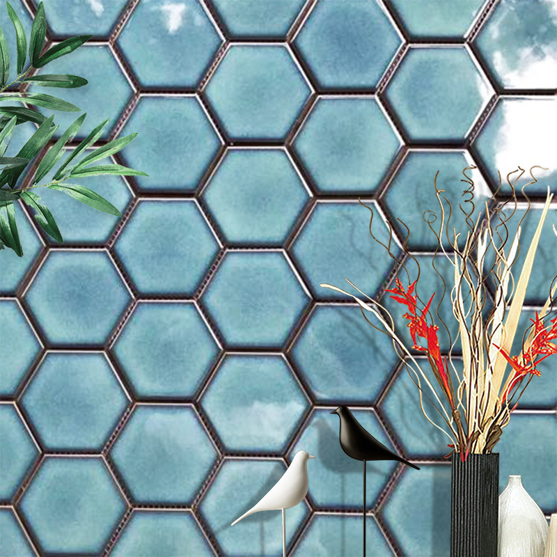 Nordic blue green glazed ceramic large hexagonal mosaic tile non-slip floor tile bathroom bathroom wall