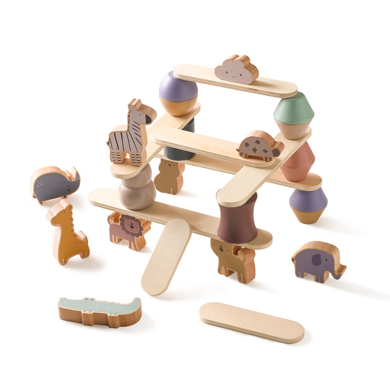 Juguetes de madera para apilar con forma de zoológico para la educación temprana de los niños, concentración infantil, coordinación ojo-mano, viga de equilibrio, bloques de apilamiento