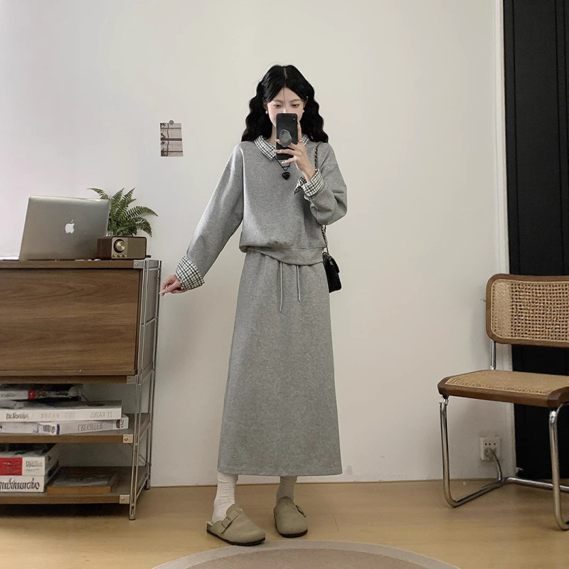爱依轩 灰色假两件卫衣半身裙两件套女秋冬显瘦遮肉休闲裙子套装|undefined