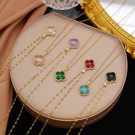 跨境新款彩钻四叶草项链女时尚轻奢小众高级感夏季不锈钢锁骨链潮