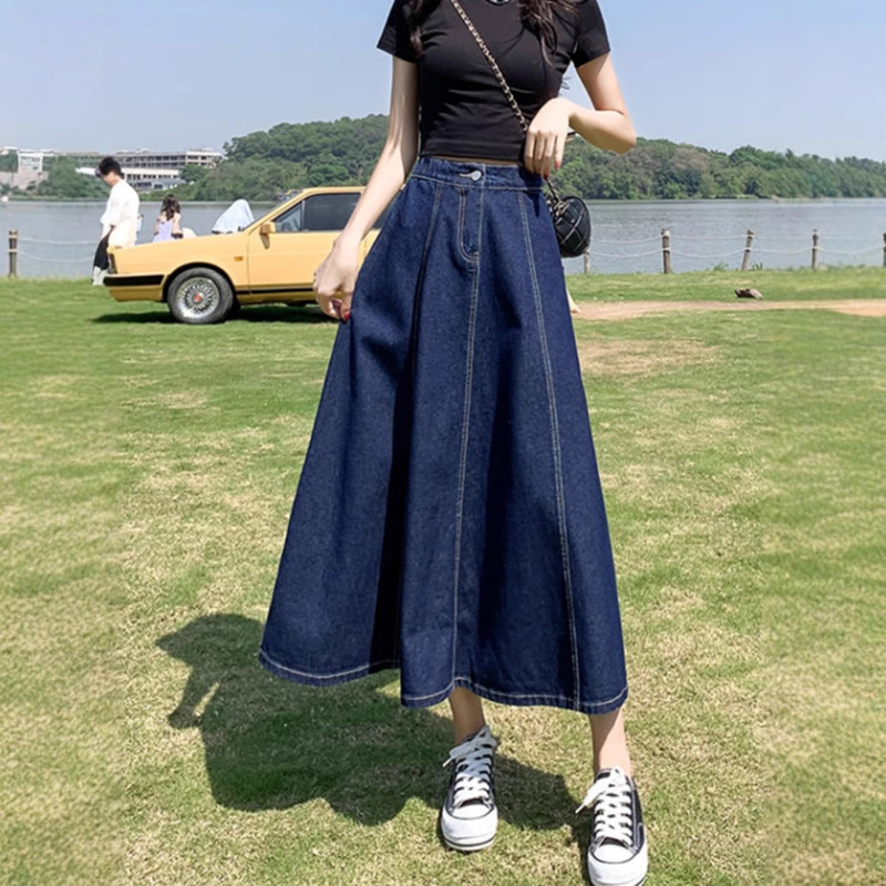 High waist semi-elastic Denim skirt women's spring and summer pear-shaped figure covering thigh thick Joker long A- line skirt plus size.
