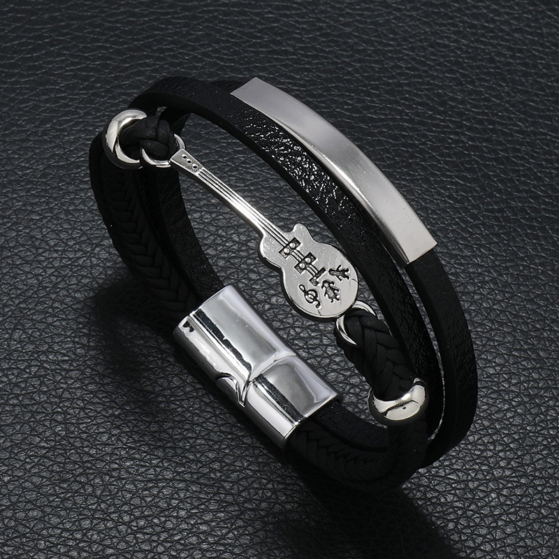 Pulseira masculina estilo punk europeu e americano com guitarra, feita de corda de couro trançada multicamadas, um ótimo presente para namorado._voghion.com