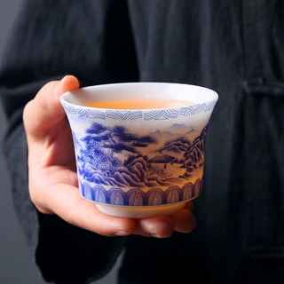 冰种玉瓷青花山水个人专用茶杯单个陶瓷主人杯品茗杯泡茶待客杯子