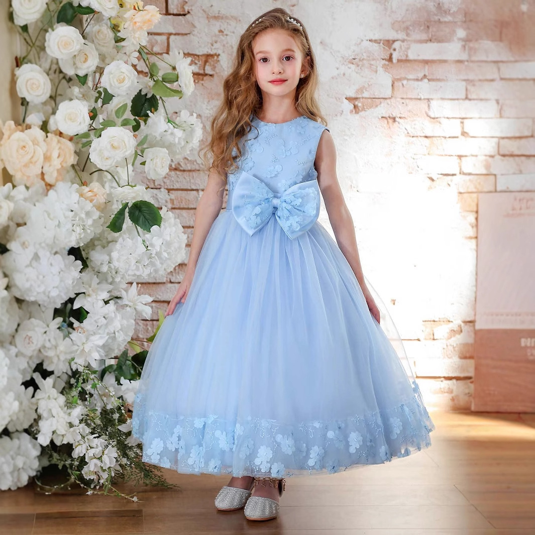 Vestido transfronterizo para niños de Amazon, vestido de novia para niñas, vestido de princesa para niñas, vestido de encaje azul para niños
