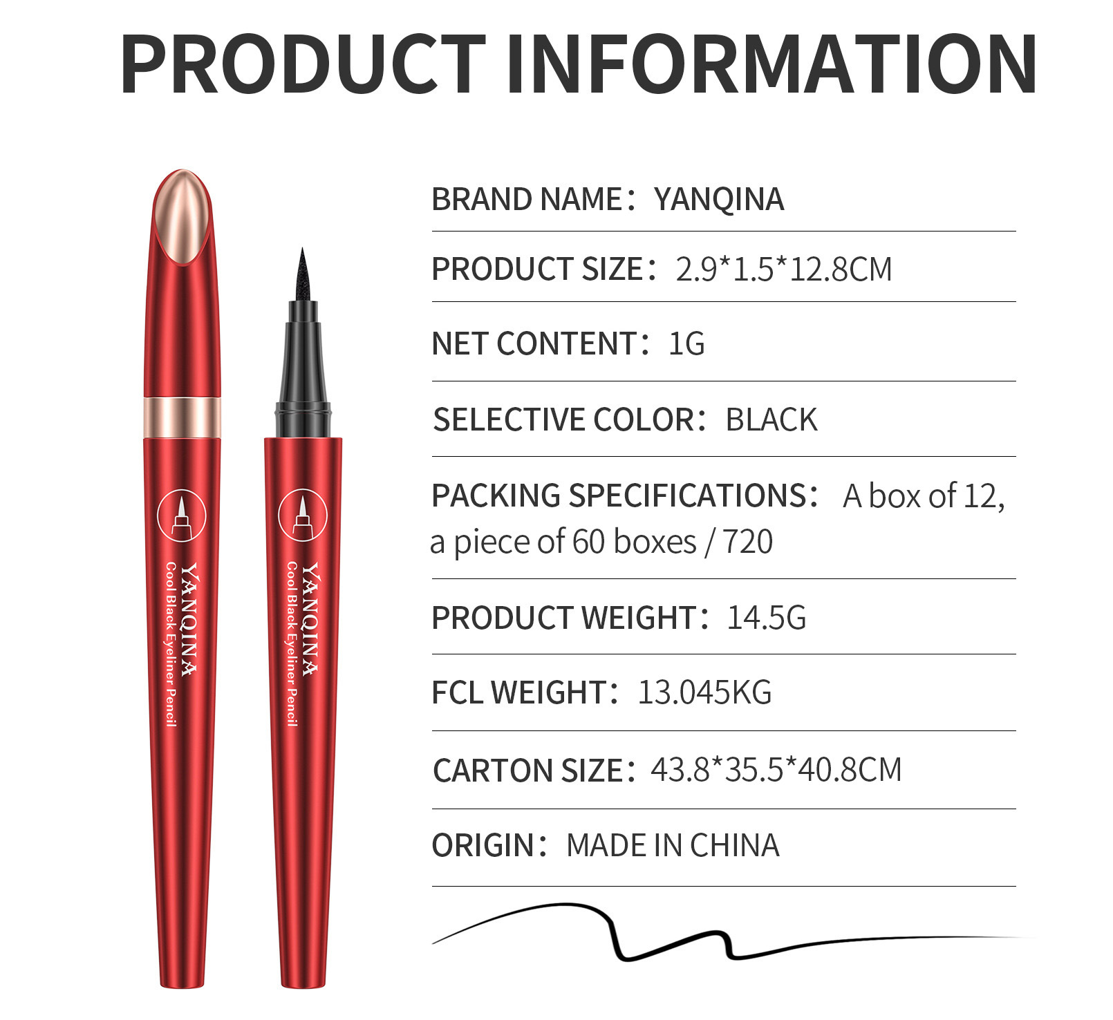 New Yanqina quick-drying eyeliner pen, waterproof, sweat-proof, non-smudge ultra-fine eyeliner liquid pen, wholesale cross-border cosmetics Specification drawing