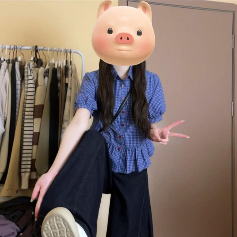 French Sweet Ruffled Blue Plaid Short-Sleeved Shirt for Women Summer New Niche Design Versatile Short Shirt