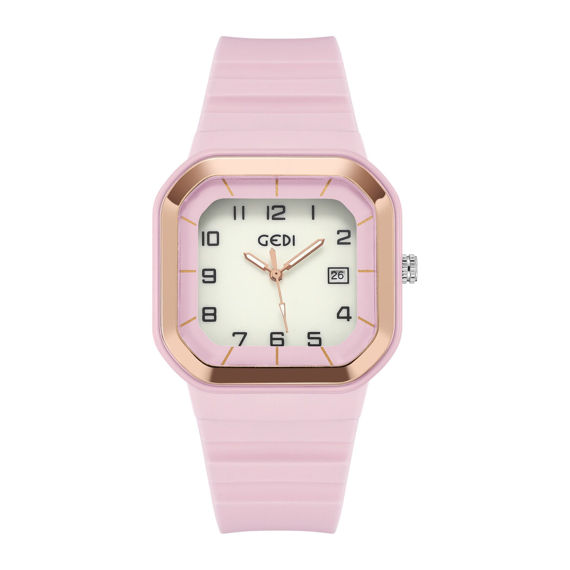 watch Gedi neutral square luminous digital scale with calendar, sports and fashion silicone tape, waterproof f_voghion.com