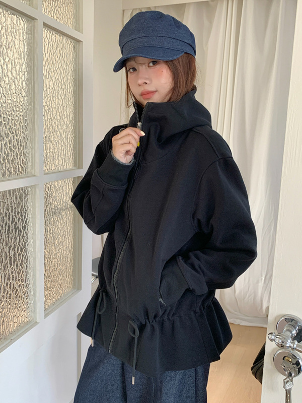 GAGD 减龄松弛感_时髦抽绳收腰宽松卫衣女韩系设计感花苞拉链帽衫|undefined