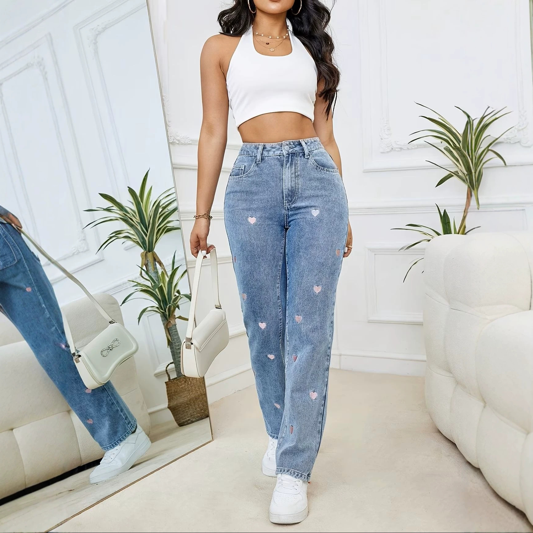 Jeans Rectos para Mujer en Mezclilla de Algodón, Elástico, Cintura Alta, Bordado, para Uso Casual image 3