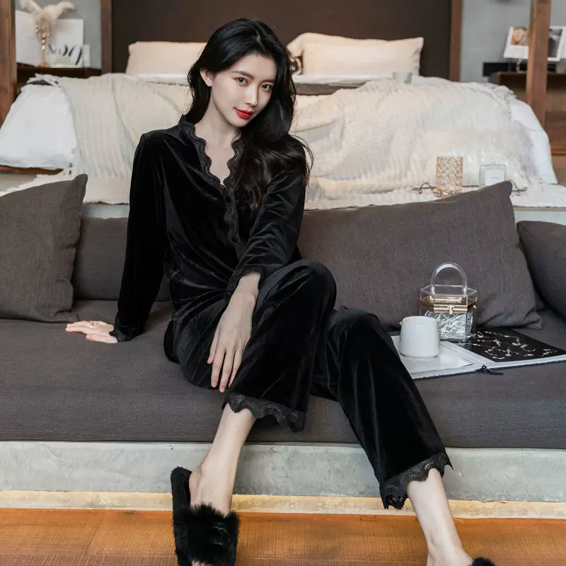 金丝绒睡衣女秋冬款长袖性感蕾丝花边开衫套装外穿纯色轻奢家居服