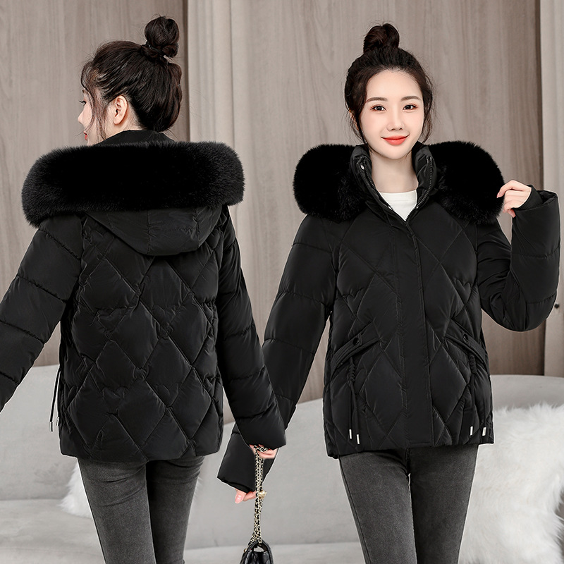 2024 ropa de invierno nueva chaqueta de algodón de pluma delgada con capuzas de cuello de cabello grande chaqueta de algodón de mujer chaqueta corta de algodón gruesa