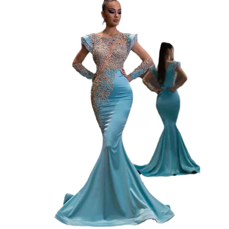 Vestido de cola de pez azul claro estilo 2025 para uso diario, vestido de noche largo dorado elegante y entallado para reuniones anuales. image 7