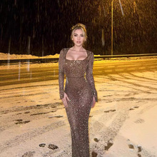 跨境欧美重工辣妹水钻裸色透视性感修身长袖连衣裙长裙宴会晚礼服