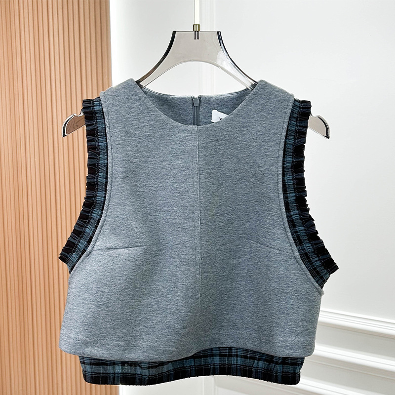 2025 Summer New Retro Plaid Patchwork Ruffled Barn Age-Reducing British College Style Fake Two-Piece T-Shirt Vest for Women