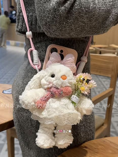 Cute and Super Cute Princess Lop-Eared Rabbit Mobile Phone Back Clip Korean Ins Girly Heart Plush Rabbit Crossbody Mobile Phone Lanyard