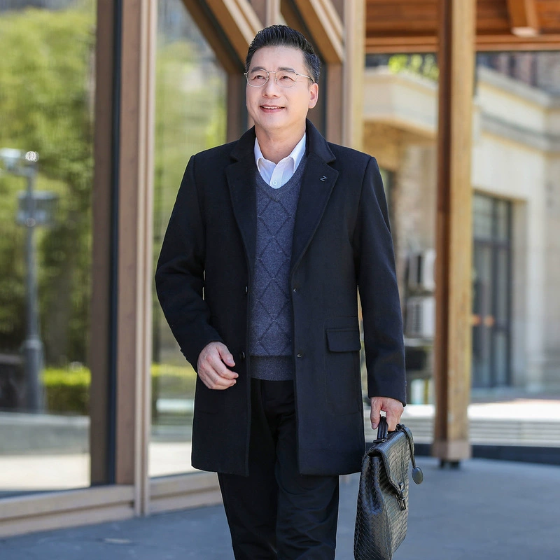 Шерстяное пальто мужского среднего и длинного зимнего нового лацкана пуховый вкладыш среднего и пожилого возраста шерстяной шерстяной папа пальто