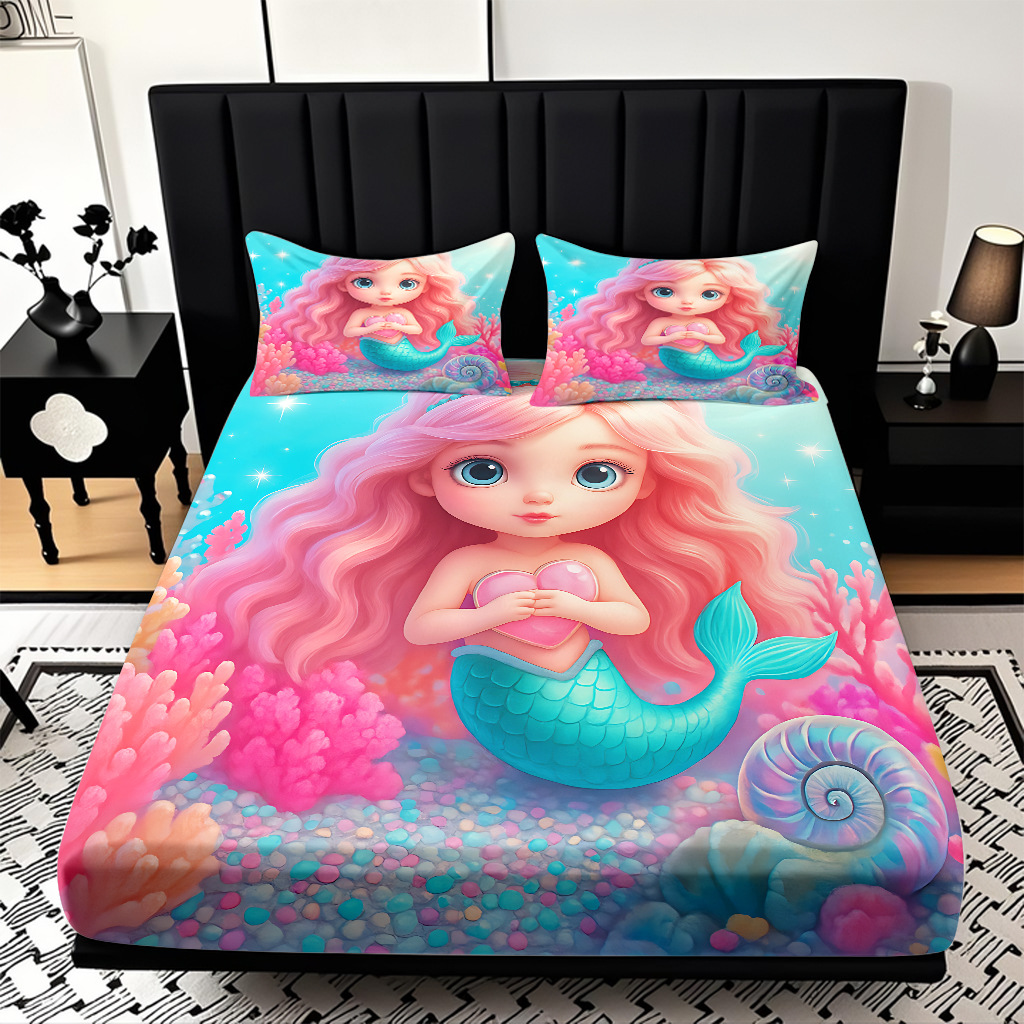 Modo JIT Temu serie de dibujos animados de sirena textil doméstico impresión digital cama de cama de cama kit fábrica de procesamiento