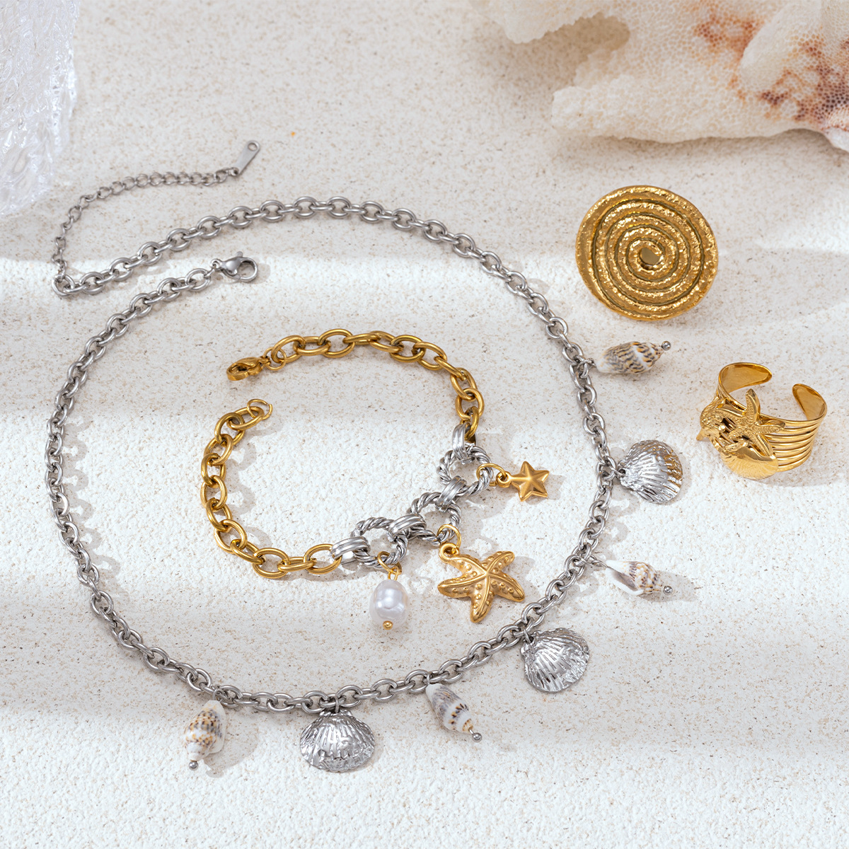 TENA Europa y América collar de acero inoxidable lujo ligero nicho oro y plata de dos colores mar playa viento conjunto de joyas productos de venta calientes