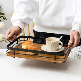 铁艺提手托盘家用简约餐厅酒店茶具托盘长方形欧式木制托盘