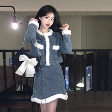(坠入爱河)原创水洗牛仔拼接外套包臀A字绑带短裙套装女秋冬