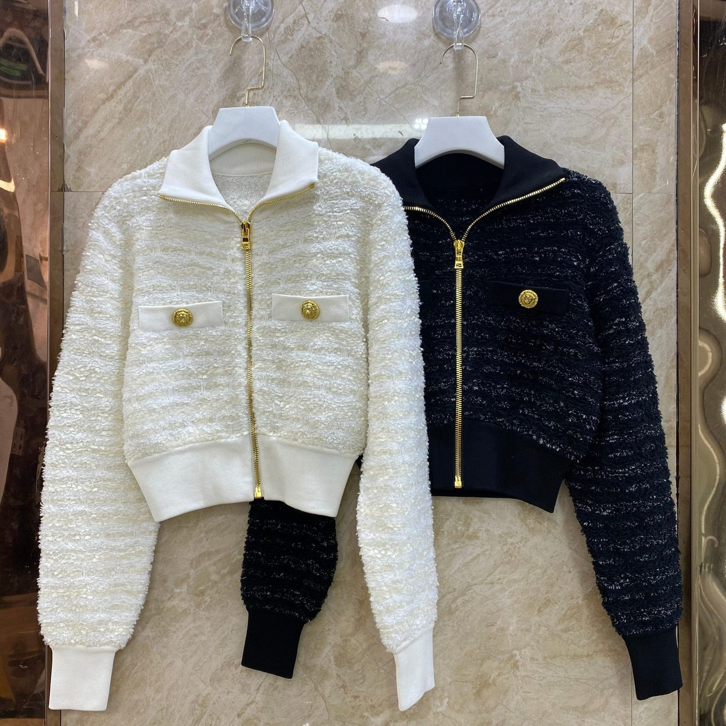 25 Autumn and Winter New Style Small Fragrant Style Golden Zipper Tweed Retro Short Slimming Look Elegant Cardigan Knitwear Jacket