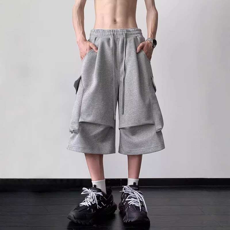 Pleated Workwear Cropped Pants for Men, Summer Trendy Brand, Plus-Size American-Style Casual Shorts, Loose Straight Heavy-Duty Eight-Point Pants