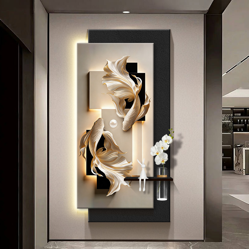Koi fish entrance hall decorative painting, three-dimensional, light luxury, hydroponic green plants, double-layer ambient lighting painting, corridor wall art