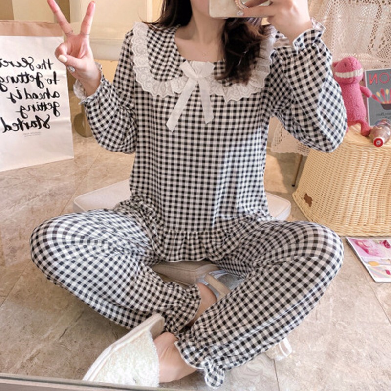 Doll Collar Plaid Pajamas Women's Korean-style ins-style Long-sleeved Trousers Internet-famous Micro-business Home Clothes Women's Outfit Doll Collar Plaid Pajamas Women's Korean-style ins-style Long-sleeved Trousers Internet-famous Micro-business Home Clothes Women's Outfit