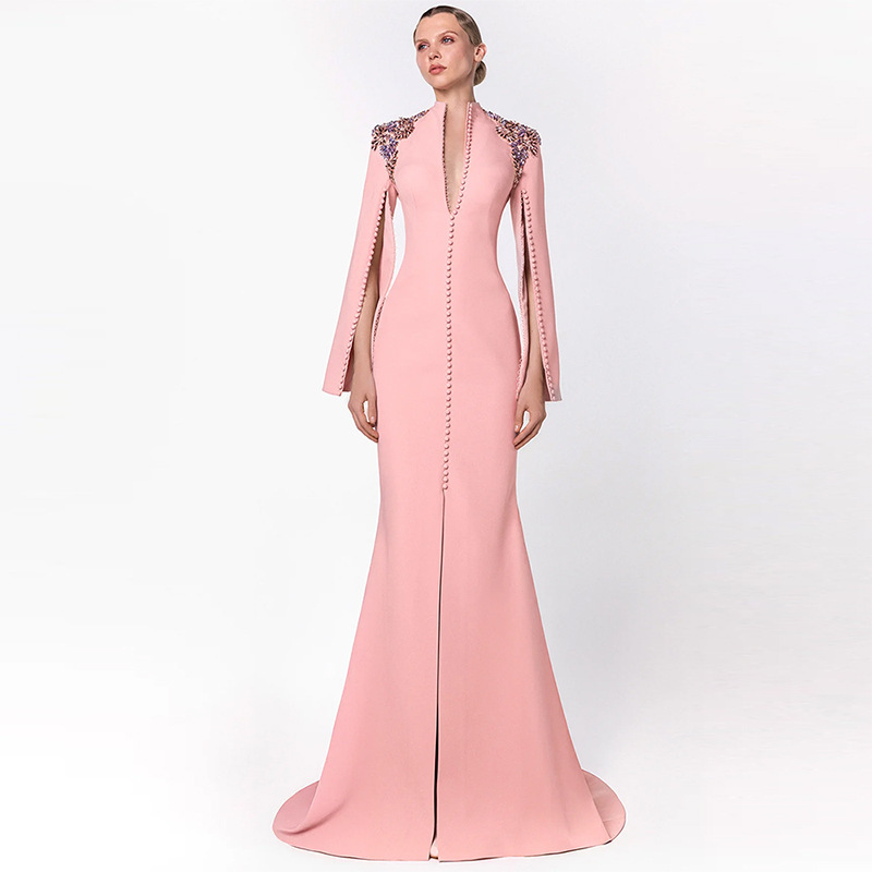High-Quality In-Stock Evening Dress 2026 Celebrity Series with Heavy Beading and Rhinestone Embellishments, Front Slit, Small Train, Long Gown Dress