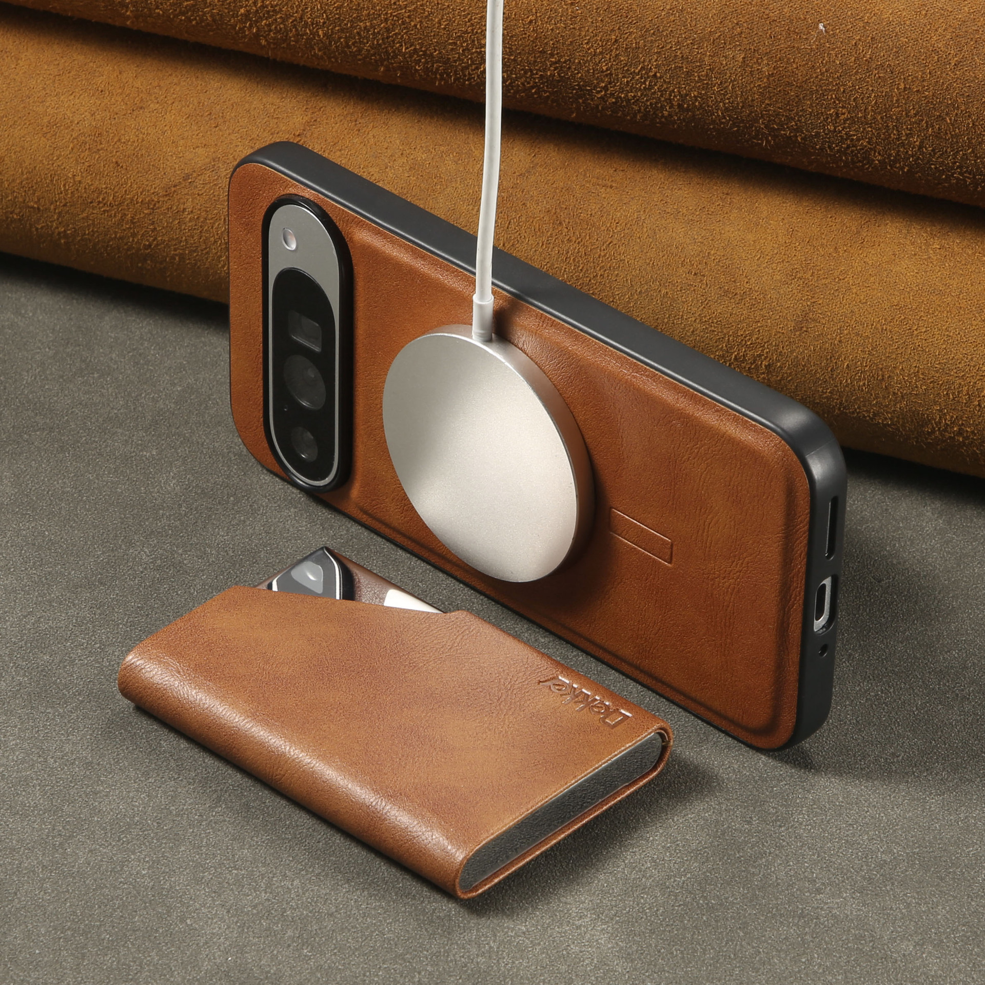 Brown phone case, card holder