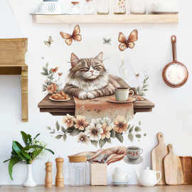 植物花朵猫咪墙贴画儿童房可爱动物防水可移除贴画马桶盖墙贴