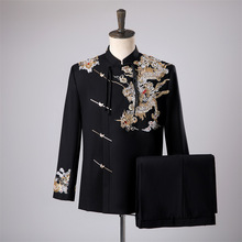 新中式礼服男士订亲中式西服男士喜服新式刺绣国风黑色礼服西装