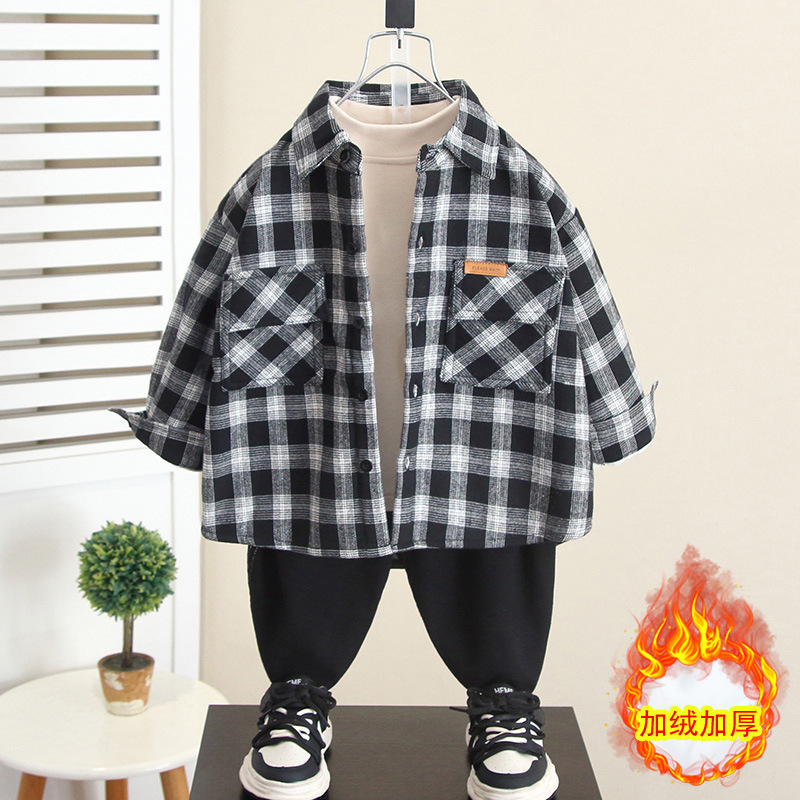 6408 otoño e invierno para niños más camisa de terciopelo engrosamiento de terciopelo 2025 nueva ropa de invierno para niños camisa a cuadros para bebés