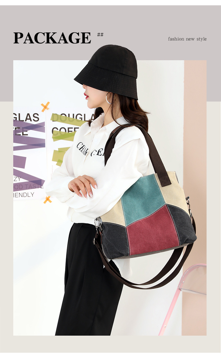 Sac pour femmes de mode simple sac en toile de couleur contrastée femme grande capacité rétro sac en tissu de couture de couleur contrastée nouveau sac à main à bandoulière_voghion.com