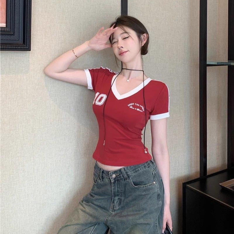 American Style V-Neck Right Shoulder Contrast Jersey Short-Sleeved T-Shirt for Women Summer Sexy Slim Design Fixed Chest Pad Top American Style V-Neck Right Shoulder Contrast Jersey Short-Sleeved T-Shirt for Women Summer Sexy Slim Design Fixed Chest Pad Top