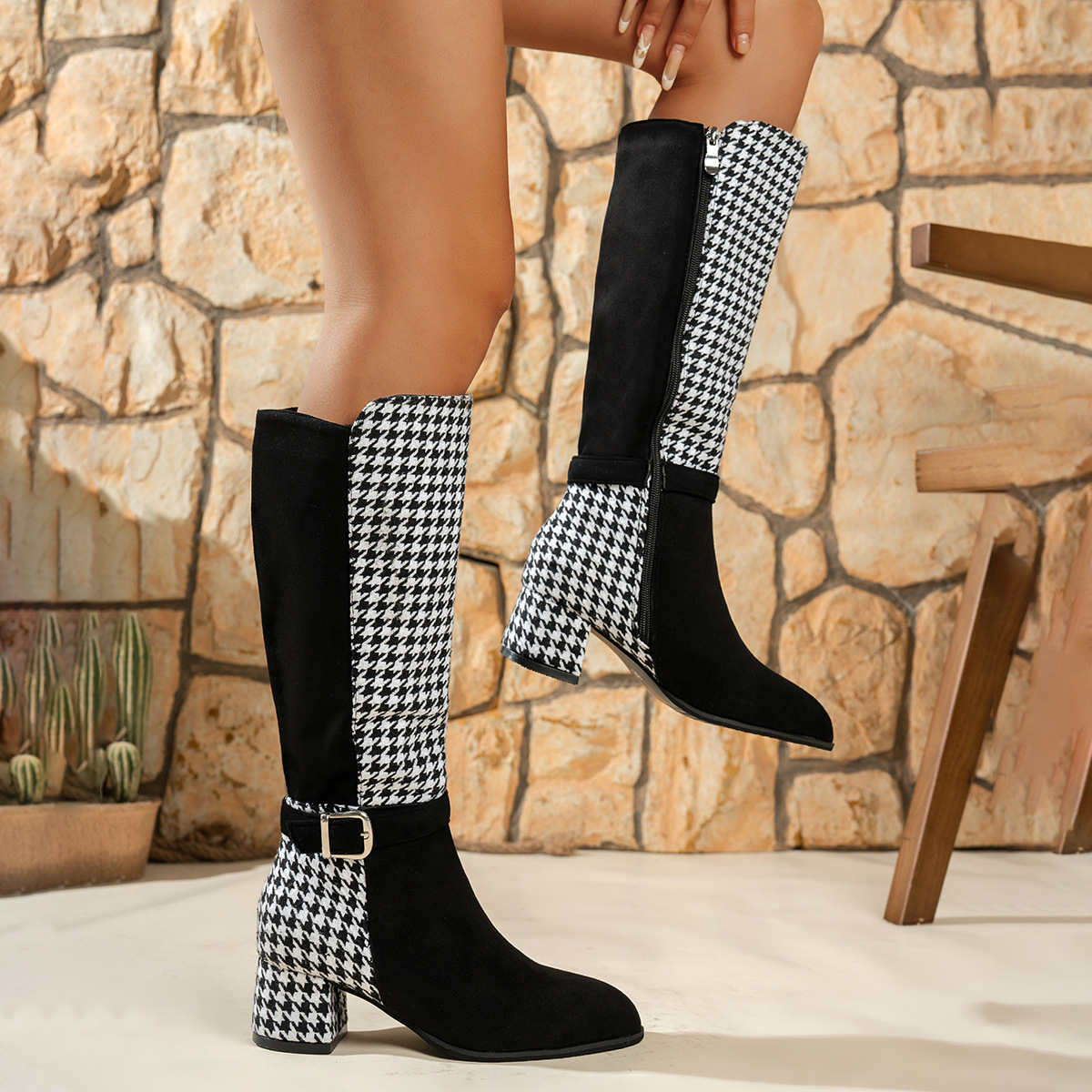 Independent Online Store Cross-Border Bestseller Elastic Geometric Print Women's Knee-High Boots 2025 Autumn and Winter New Style Cuffed Thick Heel Versatile