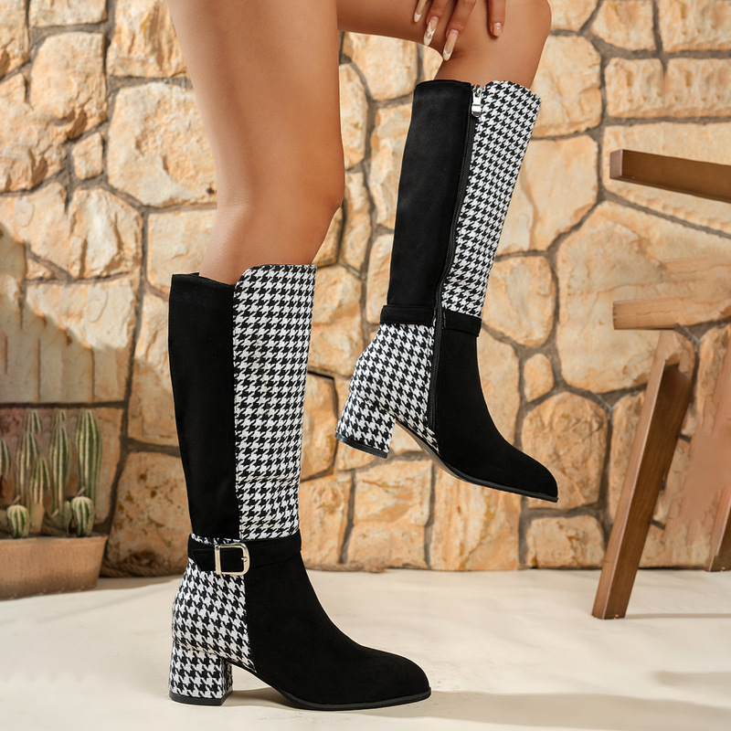 Independent Online Store Cross-Border Bestseller Elastic Geometric Print Women's Knee-High Boots 2025 Autumn and Winter New Style Cuffed Thick Heel Versatile