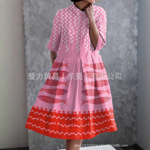 2025欧美独立站衬衫连衣裙五分袖双层门襟复古沙丁鱼元素数码印花