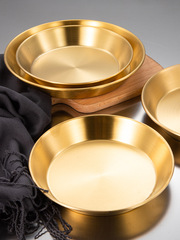 T9J5 Wholesale Stainless Steel Earless Seafood Baking Pan Plate Flat Bottom Tray Soup Plate Deepened Snack Plate Korean Gold