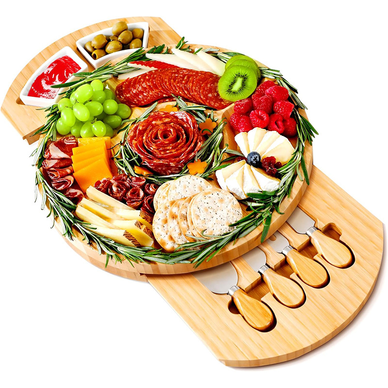 Fabricante de tablas de cortar de bambú Juego de tablas de queso de queso portátil Filete Bandeja de pizza Hornear pastel Juego de cuchillo y tenedor Portátil
