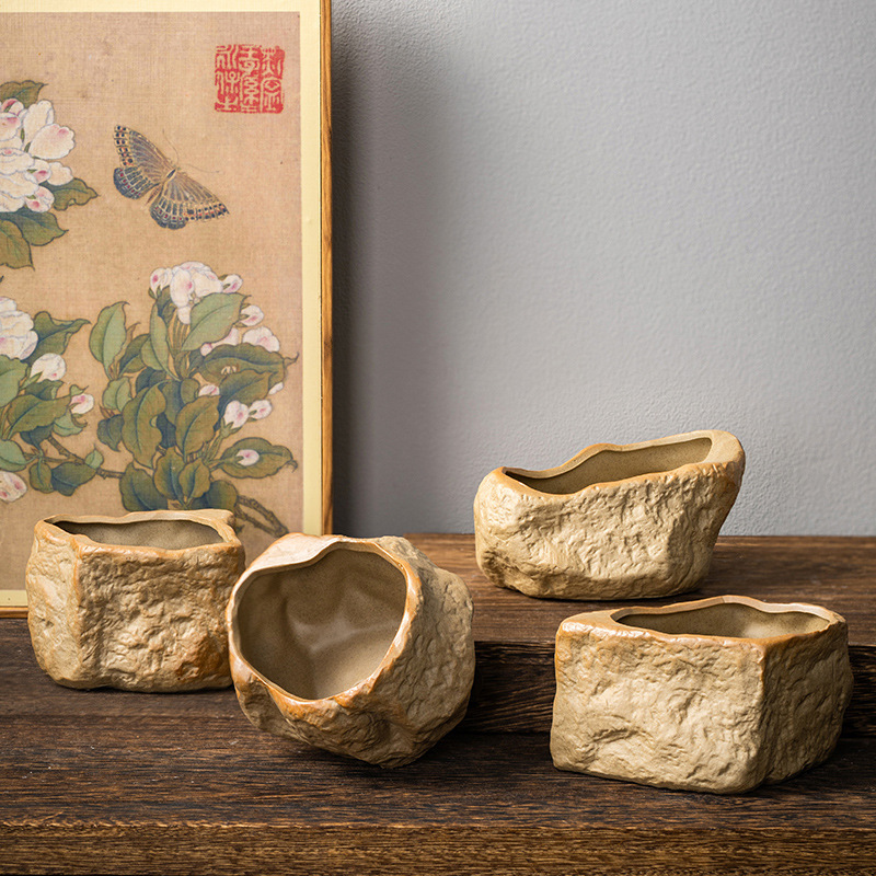 Stoneware imitation small size stone succulent flower pot plant retro simple pot thumb pot breathable personalized desktop decoration