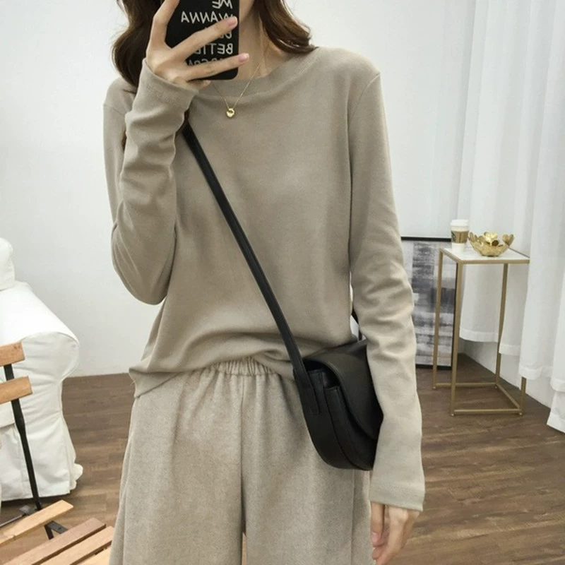 Женская футболка цвета хаки, утолщенная с начесом, с длинными рукавами, осенне-зимний дизайн интерьера, свободный Универсальный базовый топ маленького размера Sense