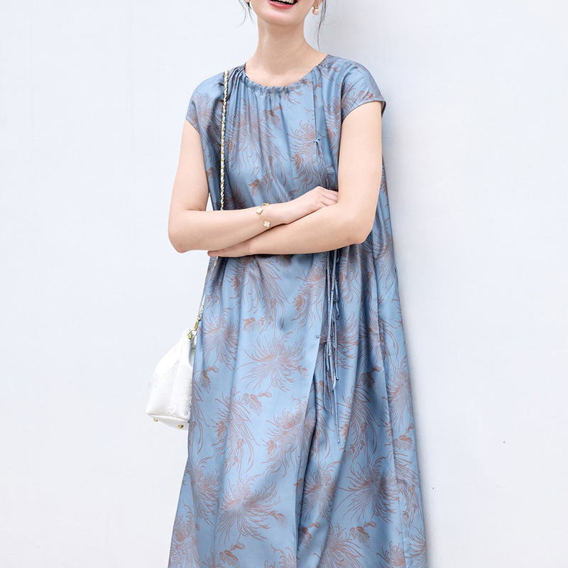 New Chinese-Style Retro Silk Twill Round-Neck Dress for Women, Summer New Loose-Fitting Mulberry Silk Improved Tang Suit Long Dress New Chinese-Style Retro Silk Twill Round-Neck Dress for Women, Summer New Loose-Fitting Mulberry Silk Improved Tang Suit Long Dress