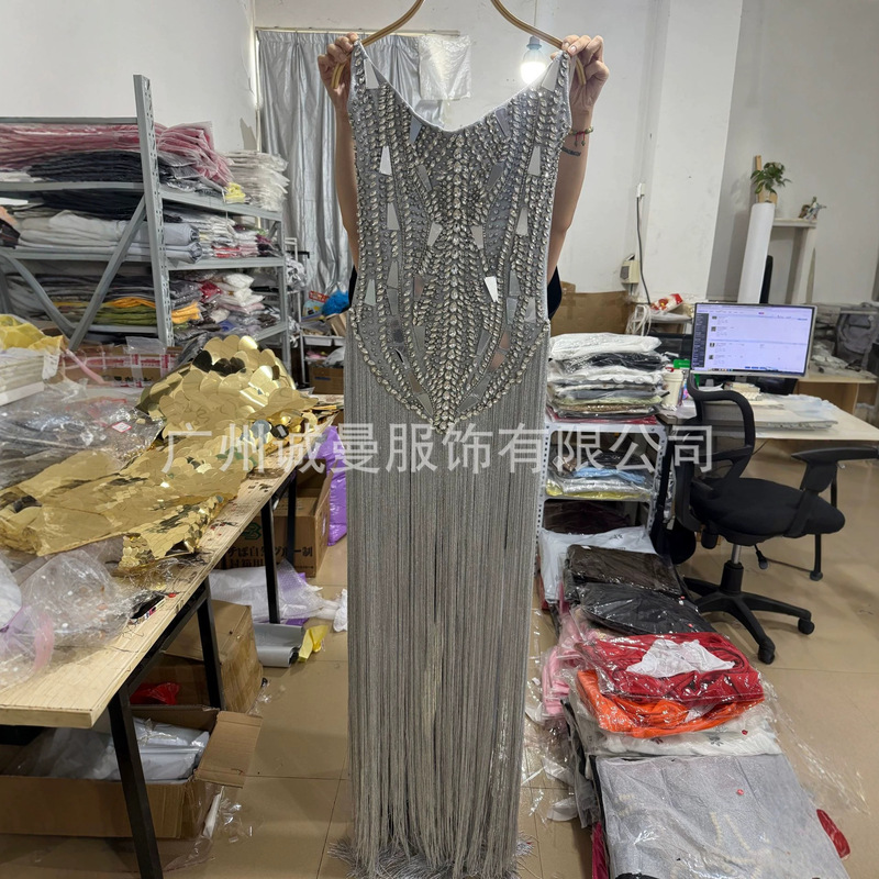 European and American cross-border design clothing, shiny crystal tassel ball gown, cocktail sequin evening dress, long dress for annual party European and American cross-border design clothing, shiny crystal tassel ball gown, cocktail sequin evening dress, long dress for annual party