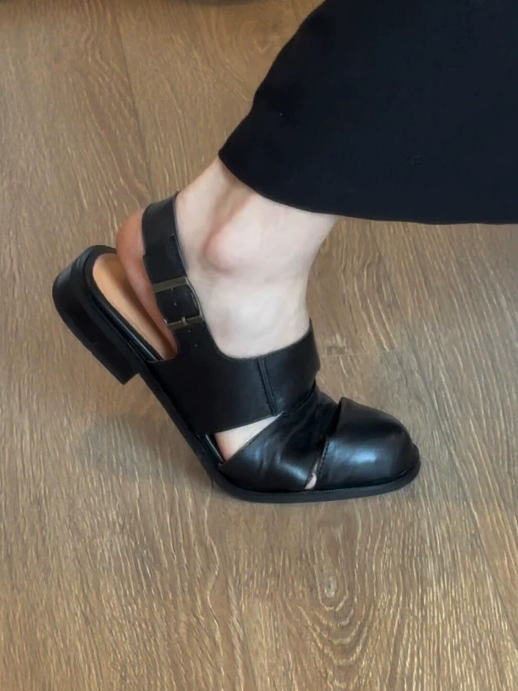 Женские летние босоножки из натуральной кожи с вырезом, ремешком на щиколотке в ретро-стиле, на плоской подошве, с пряжкой-пряжкой, модель «овчина».