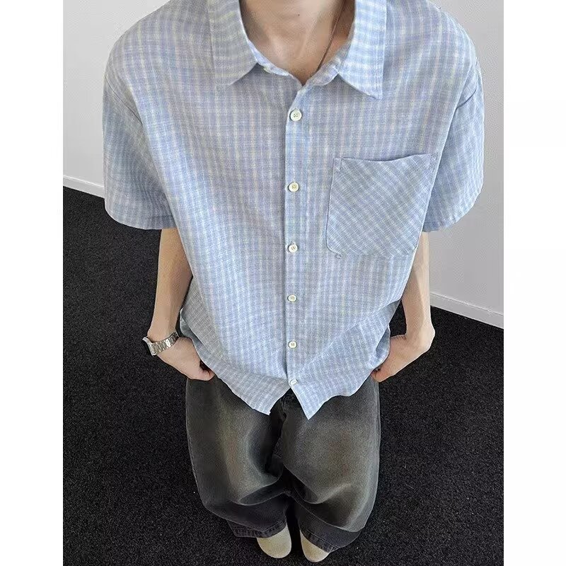 复古夏季清爽格子衬衫男短袖潮牌百搭青年休闲宽松衬衣浅蓝色上衣