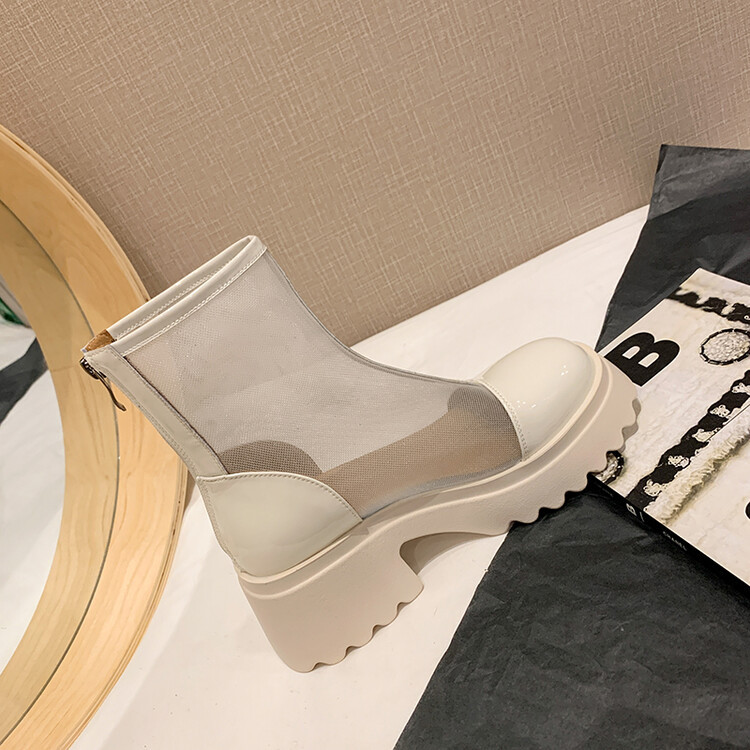 Boot ngắn nữ da thật vải lưới cao gót 6cm mùa hè phong cách Anh thoáng khí — Màu đen, Trắng be chi tiết 107
